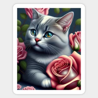 British Shorthair Kitten With Roses Sticker